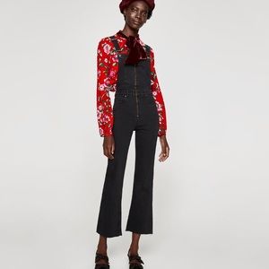 Zara black denim overalls with cropped frayed leg